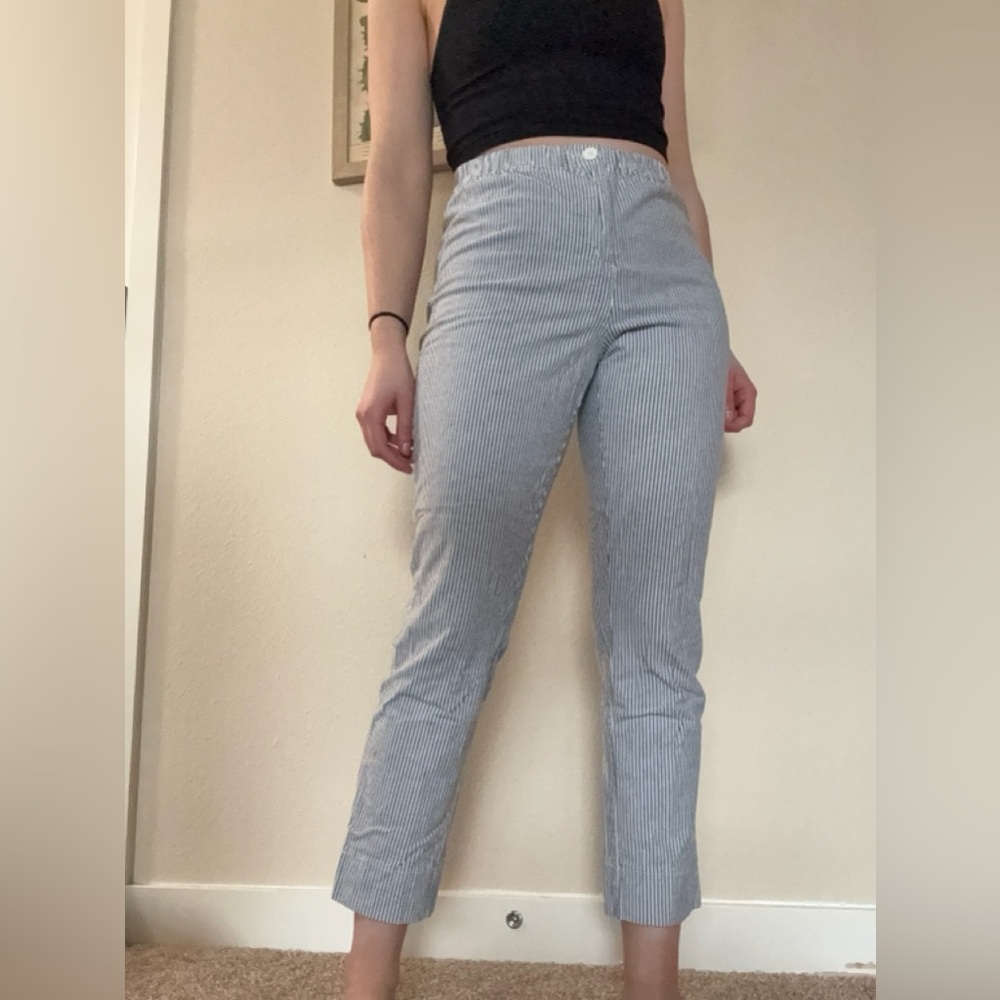 John Galt blue & white pinstripe high-waisted cropped coastal boho trousers